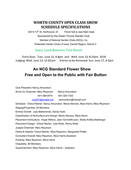WORTH COUNTY OPEN CLASS SHOW SCHEDULE SPECIFICATIONS an NCG Standard Flower Show Free and Open to the Public with Fair Butto