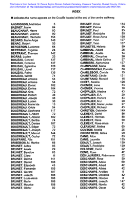 INDEX M Indicates the Name Appears on the Crucifix Located at the End of the Centre Walkway. ANGRIGNON, Mathildee BAZINET, Marie