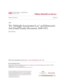 The "Midnight Assassination Law" and Minnesota's Anti-Death Penalty Movement, 1849-1911 John D