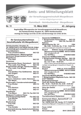 Und Mitteilungsblatt Der Verwaltungsgemeinschaft Mespelbrunn Und Der Mitgliedsgemeinden Dammbach - Heimbuchenthal - Mespelbrunn Nr