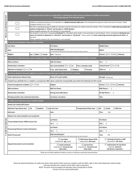 OCME Clinical Summary Worksheet Fax to OCME Communications 24/7 at (646) 500-5762 Please Be Advised That Failure to Notify Next