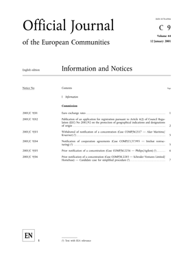 Official Journal C9 Volume 44 of the European Communities 12 January 2001