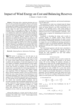 Impact of Wind Energy on Cost and Balancing Reserves A