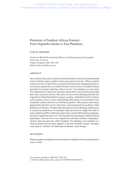 Prehistory of Southern African Forestry: from Vegetable Garden to Tree Plantation