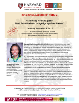 2015-2016 LEADERSHIP FORUM “Achieving Health Equity: Tools for a National Campaign Against Racism”