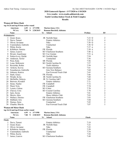 2020 Gamecock Opener - 1/17/2020 to 1/18/2020 Live Results: South Carolina Indoor Track & Field Complex Results