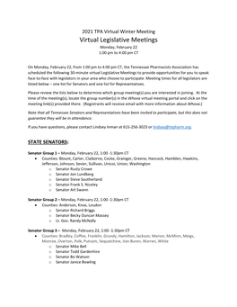 Virtual Legislative Meetings Monday, February 22 1:00 Pm to 4:00 Pm CT
