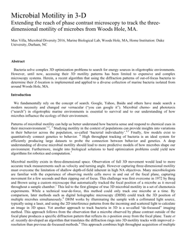 Microbial Motility in 3-D Extending the Reach of Phase Contrast Microscopy to Track the Three- Dimensional Motility of Microbes from Woods Hole, MA