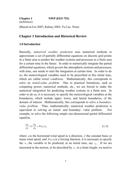 Chapter 1 NWP (EES 753) (Reference) (Based on Lin 2007; Kalnay 2003; Yu Lec