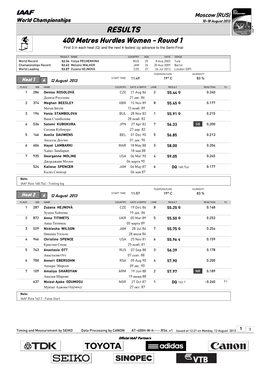 RESULTS 400 Metres Hurdles Women - Round 1 First 3 in Each Heat (Q) and the Next 4 Fastest (Q) Advance to the Semi-Final