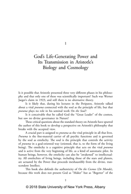 God's Life-Generating Power and Its Transmission in Aristotle's Biology
