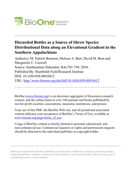 Discarded Bottles As a Source of Shrew Species Distributional Data Along an Elevational Gradient in the Southern Appalachians Author(S): M