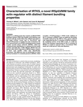 Characterisation of IRTKS, a Novel Irsp53/MIM Family Actin Regulator with Distinct Filament Bundling Properties