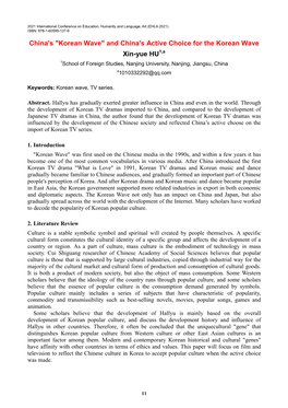 And China's Active Choice for the Korean Wave Xin-Yue HU1,A 1School of Foreign Studies, Nanjing University, Nanjing, Jiangsu, China A1010332292@Qq.Com