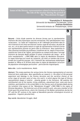 Issues of the Literary Representation Related to Historical Facts. the Role of the Teacher During the Period of the “Macedonian Struggle”