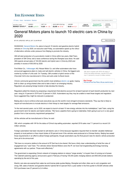 General Motors Plans to Launch 10 Electric Cars in China by 2020