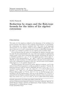 Reduction by Stages and the Ra¨Is-Type Formula for the Index of Lie Algebra Extensions