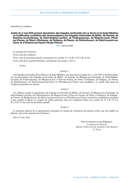 Arrêté Du 2 Mai 2016 Portant Dissolution Des Brigades Territoriales De Le Dorat Et De Saint-Mathieu Et Modification Corrél