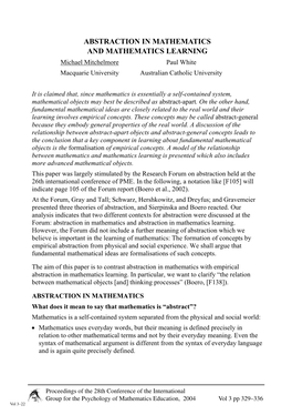ABSTRACTION in MATHEMATICS and MATHEMATICS LEARNING Michael Mitchelmore Paul White Macquarie University Australian Catholic University