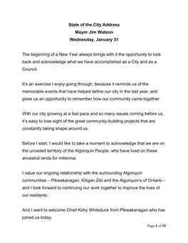 State of the City Address Mayor Jim Watson Wednesday, January 31