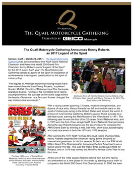 The Quail Motorcycle Gathering Announces Kenny Roberts As 2017 Legend of the Sport