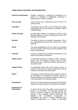 Glossary of Terms Used in Pastoral Re-Organisation