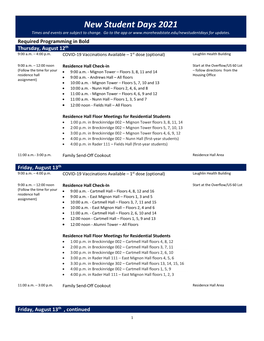 New Student Days 2021 Times and Events Are Subject to Change