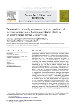 Animal Feed Science and Technology Tannins Determined By