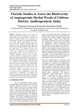 Floristic Studies to Assess the Biodiversity of Angiospermic Herbal Weeds of Chittoor District, Andhrapradesh, India