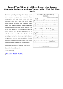 Spread Your Wings Live Killers Queen John Deacon Complete and Accurate Bass Transcription Whit Tab Sheet Music