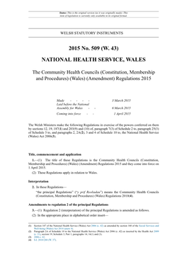 The Community Health Councils (Constitution, Membership and Procedures) (Wales) (Amendment) Regulations 2015