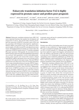 Eukaryotic Translation Initiation Factor 5A2 Is Highly Expressed in Prostate Cancer and Predicts Poor Prognosis