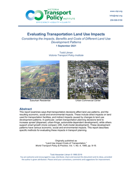 Evaluating Transportation Land Use Impacts Considering the Impacts, Benefits and Costs of Different Land Use Development Patterns 1 September 2021