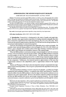 APPROXIMATING the MINIMUM EQUIVALENT DIGRAPH* SAMIR KHULLER T, BALAJI RAGHAVACHARI, and NEAL YOUNG Abstract