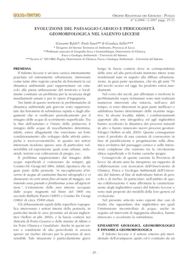 Evoluzione Del Paesaggio Carsico E Pericolosità Geomorfologica Nel Salento Leccese