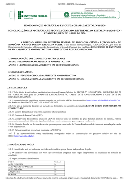 Homologação Matrículas E Segunda Chamada Edital Nº11/2020