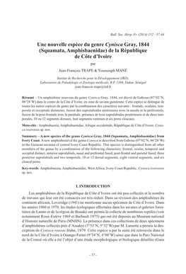 Une Nouvelle Espèce Du Genre Cynisca Gray, 1844 (Squamata, Amphisbaenidae) De La République De Côte D’Ivoire Par Jean-François Trape & Youssouph Mané