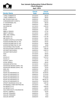 San Antonio Independent School District Check Register April 2019