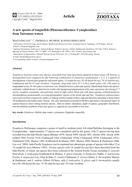 Zootaxa, a New Species of Tonguefish (Pleuronectiformes: Cynoglossidae)