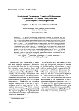 Synthesis and Thermotropic Properties of Polyurethanes Prepared from 2,5-Tolylene Diisocyanate and 2,6-Bis(W-Hydroxyalkoxy )Naphthalenes