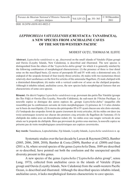 Leptochelia Vatulelensis (Crustacea: Tanaidacea), a New Species from Anchialine Caves of the South-Western Pacific