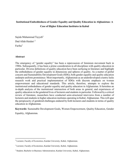 Institutional Embeddedness of Gender Equality and Quality Education in Afghanistan: a Case of Higher Education Institutes in Kabul