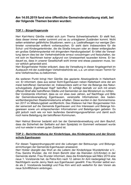 Am 14.05.2019 Fand Eine Öffentliche Gemeinderatssitzung Statt, Bei Der Folgende Themen Beraten Wurden