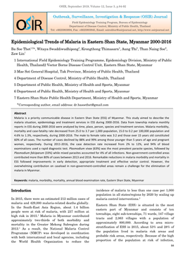 Epidemiological Trends of Malaria in Eastern Shan State, Myanmar 2000-2016