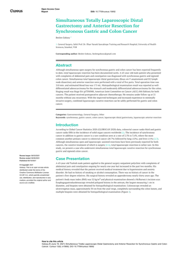 Simultaneous Totally Laparoscopic Distal Gastrectomy and Anterior Resection for Synchronous Gastric and Colon Cancer