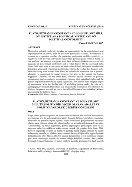 200 Plato, Benjamin Constant and John Stuart Mill on Justice As a Political Virtue and on Political Conformity Platon, Benjamin