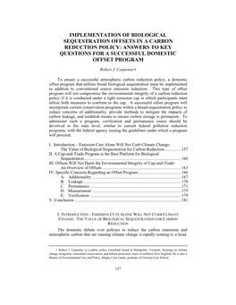 Implementation of Biological Sequestration Offsets in a Carbon Reduction Policy: Answers to Key Questions for a Successful Domestic Offset Program