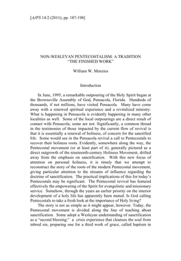 Non-Wesleyan Pentecostalism: a Tradition “The Finished Work”