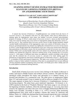 Staining Effect of Dye Extracted from Dry Leaves of Lawsonia Inermis Linn (Henna) on Angiospermic Stem Tissue