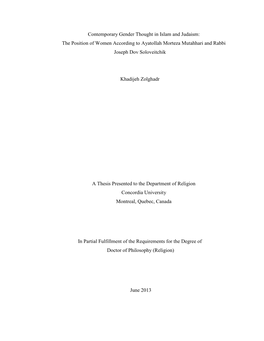 Contemporary Gender Thought in Islam and Judaism: the Position of Women According to Ayatollah Morteza Mutahhari and Rabbi Joseph Dov Soloveitchik